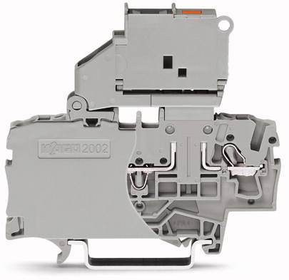 Een grijze, modulaire aansluitblok van kunststof met meerdere aansluitingen, gebruikt voor elektrische installaties in schakelkasten.