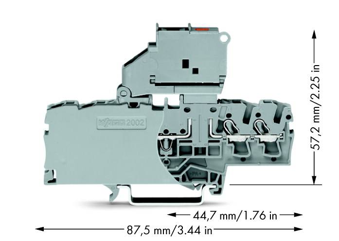 Grijze elektrische geleider-terminalblok met afmetingen: 87,5 mm breedte, 57,2 mm hoogte en 44,7 mm diepte.
