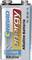 Alkaline-batterij met opschrift 'CONRAD energy Alkaline-batterij nr. 658014'. Hoofdkleuren: Zilver, Blauw, Rood, Geel.