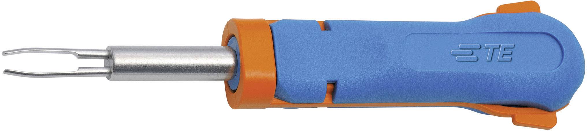 Gereedschap met een blauwe handgreep en een metalen punt, gebruikt voor het elektrisch aansluiten of bevestigen van kabelverbindingen.