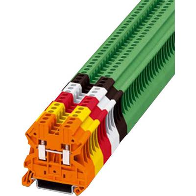 Meerkleurig, gestapeld elektrisch aansluitblokkensysteem met groene, oranje, rode, witte en zwarte kleurensegmentering.