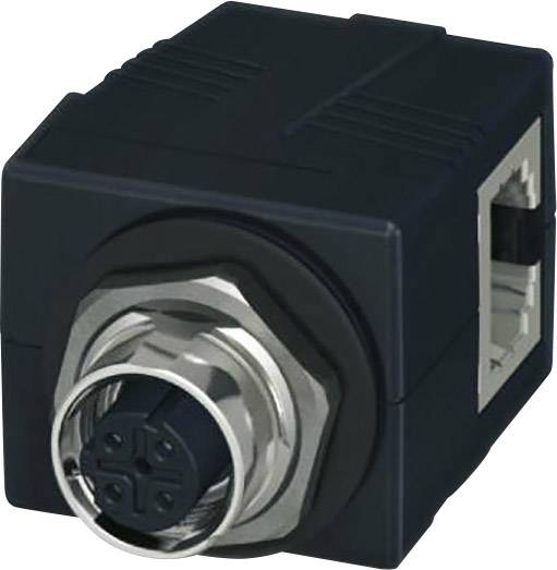 Een zwarte, rechthoekige adapter met twee aansluitingen: een voor netwerkkabel (RJ45) en een ronde voor een elektrische verbinding.
