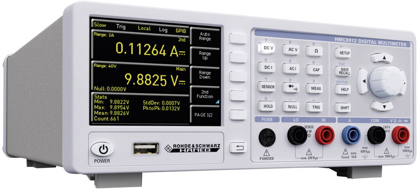 Digitale multimeter met display: toont meetwaarden in ampère en volt. Talrijke toetsen voor verschillende functies en instellingen.