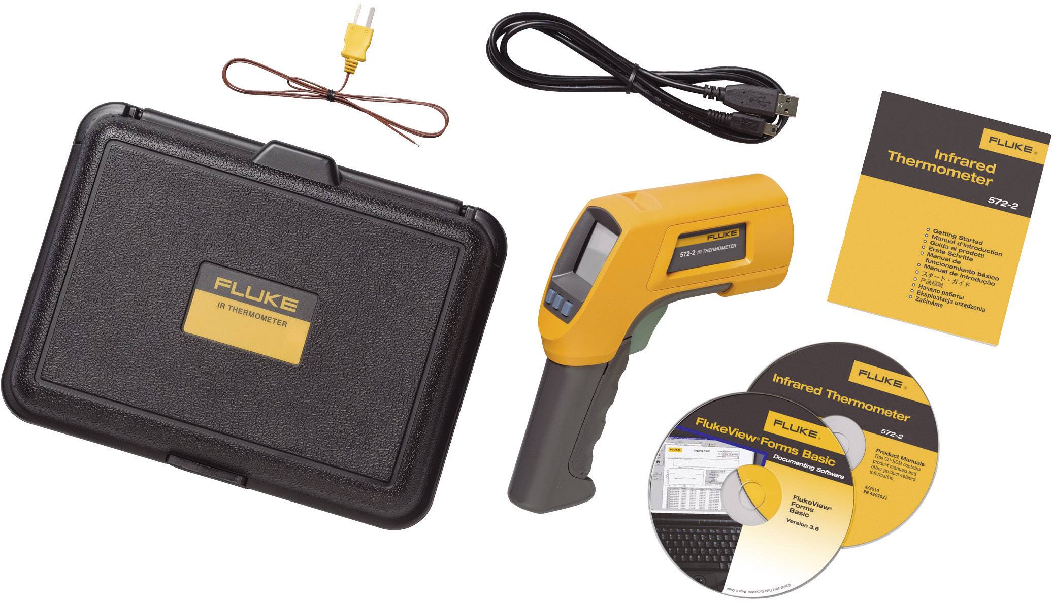 Infrarood-thermometerset met koffer, gegevensdragers, USB-kabel en handleiding. Hoofdgereedschap is geel-grijs met display.