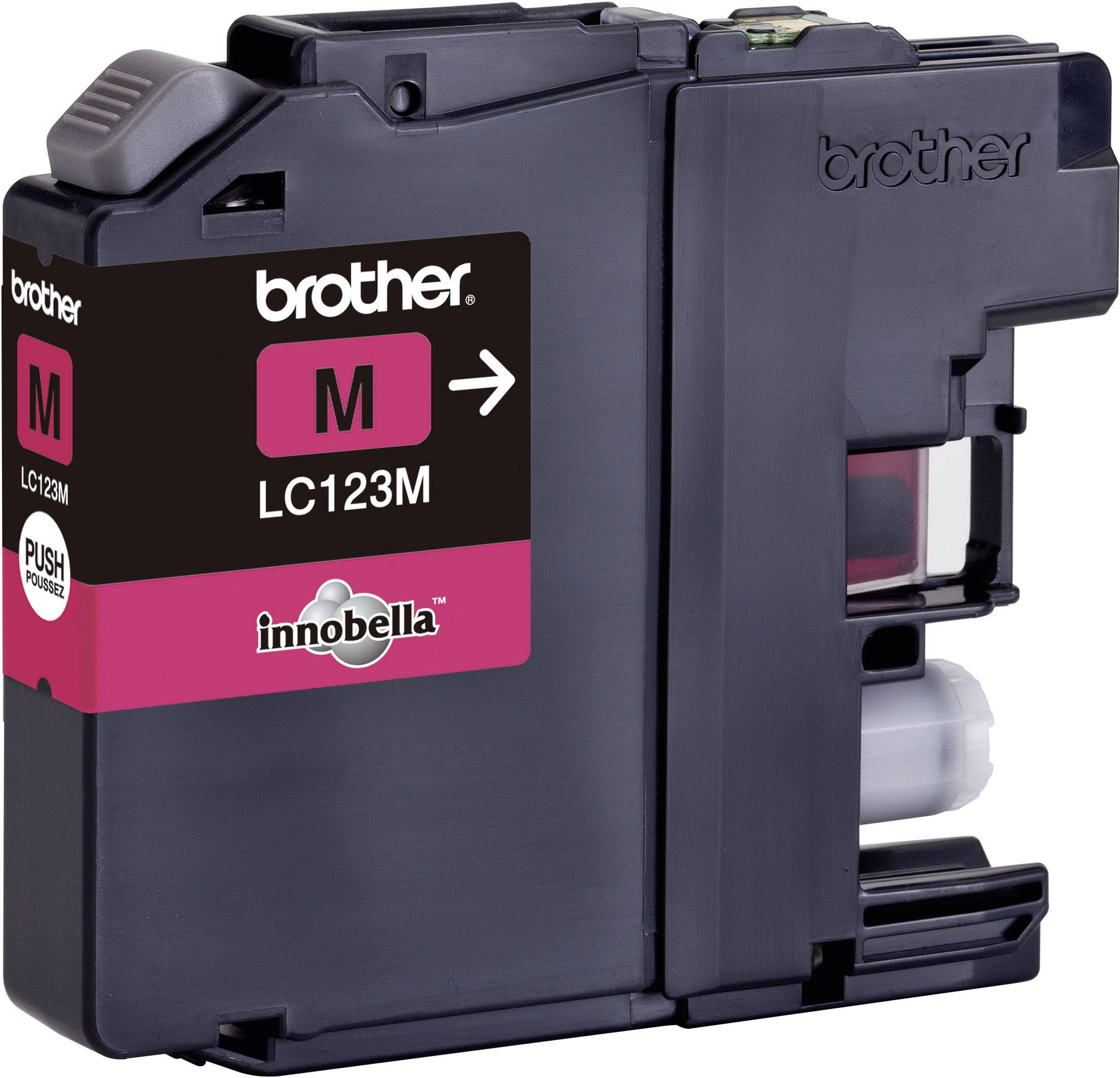 Compacte inktcartridge 'Brother LC123M' in Magenta. Merknaam en modelnummer op de voorkant, voor printercompatibiliteit.