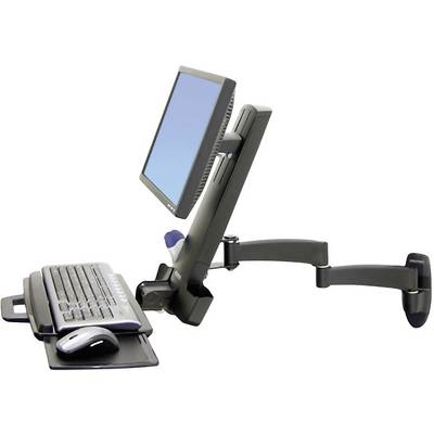 Ergonomische monitorsteun met toetsenbordhouder, wandgemonteerd, toont een computermonitor en toetsenbord-muisset onder verstelbare hoek.