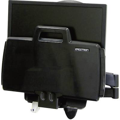 Een zwarte monitorarm van Ergotron aan de muur bevestigd. Hij heeft een steun en biedt een ergonomische schermpositionering.