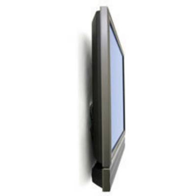Zijaanzicht van een slanke flatscreen-tv die aan een muur is bevestigd. Het scherm is blauw.