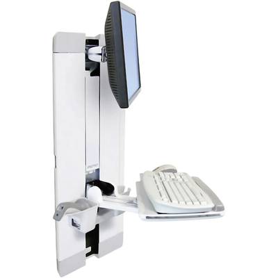 Monitor- en toetsenbordhouder aan de muur bevestigd, ondersteunt scherm en toetsenbord. Ergonomisch ontwerp voor ruimtebesparing op kantoor.