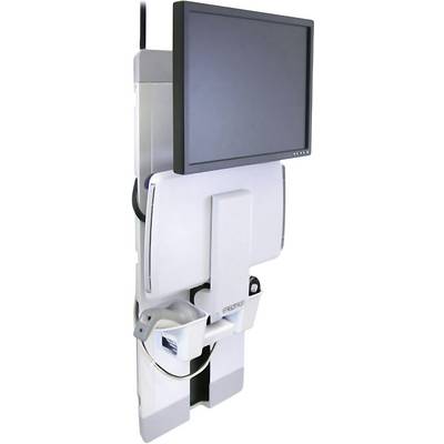 Een moderne, aan de muur gemonteerde computerworkstation met een beweegbaar scherm, toetsenbordlade en opbergvakken.