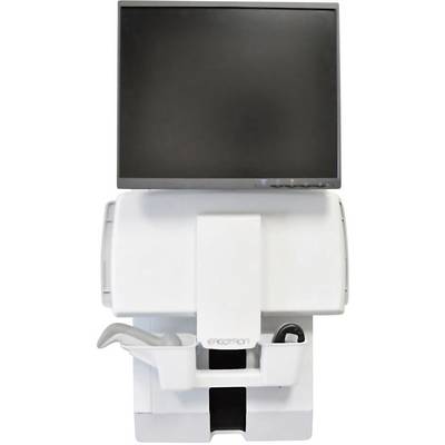 Een medische computerwagen met monitor en opbergmogelijkheden, geschikt voor gebruik in ziekenhuisomgevingen.