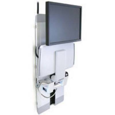 Een wandgemonteerde computerworkstation met verstelbare monitor en kabelbeheer. Ideaal voor ruimtebesparende omgevingen.