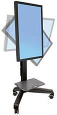 Een draaibaar, verticaal scherm op een mobiele standaard met wielen, ideaal voor presentaties en flexibel gebruik.