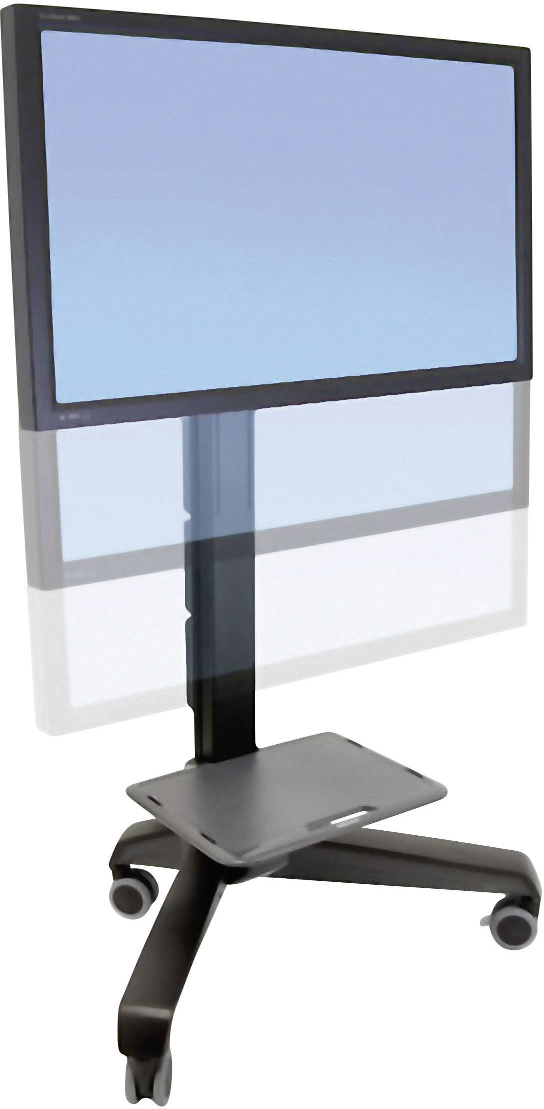Een verstelbare monitorstandaard met een grote, blauwe monitor op een verrijdbare, zwarte voet. Geschikt voor presentaties.