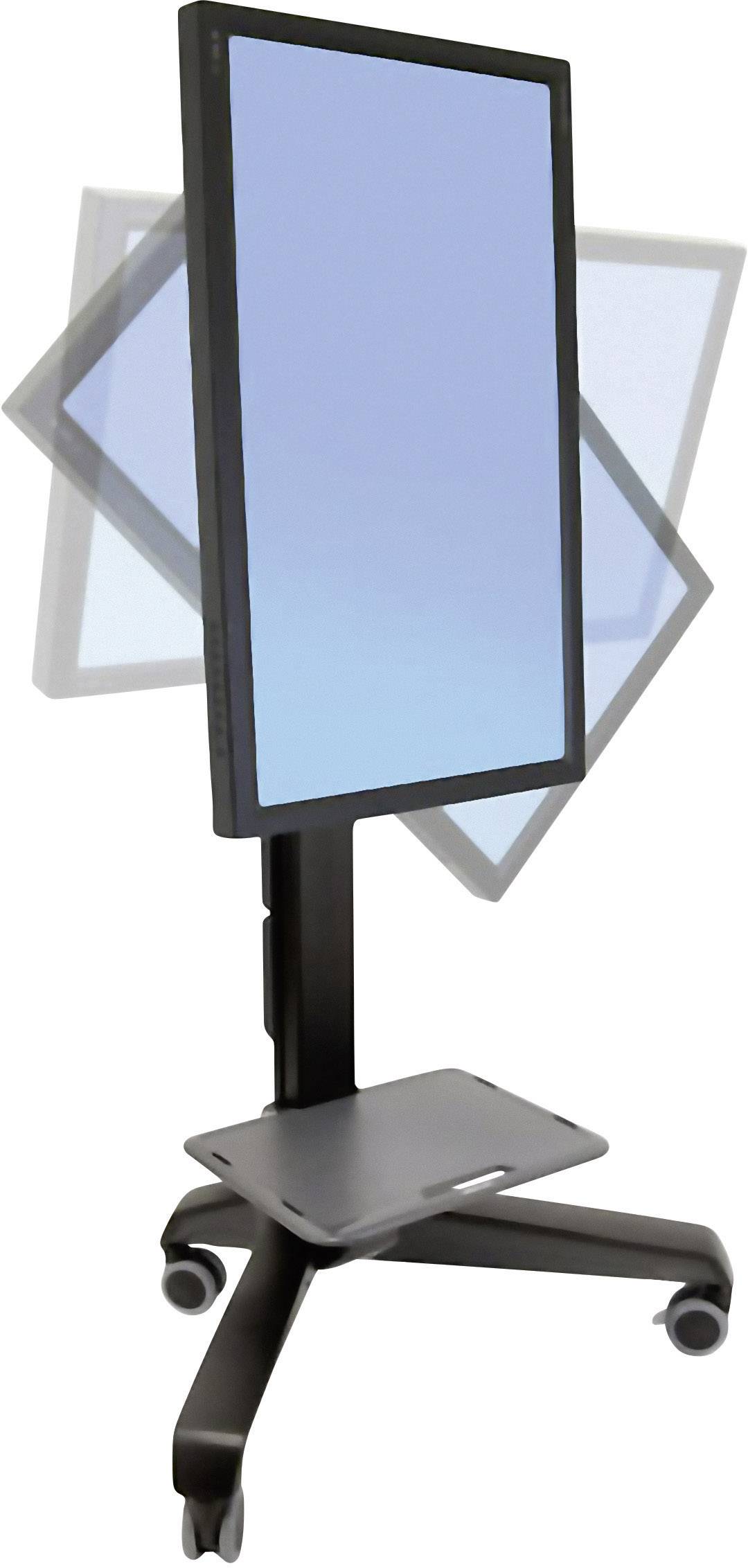 Display-standaard op wielen, verticaal gepositioneerd, met een kantelbaar scherm. Geschikt voor presentaties en flexibele ruimteconcepten.
