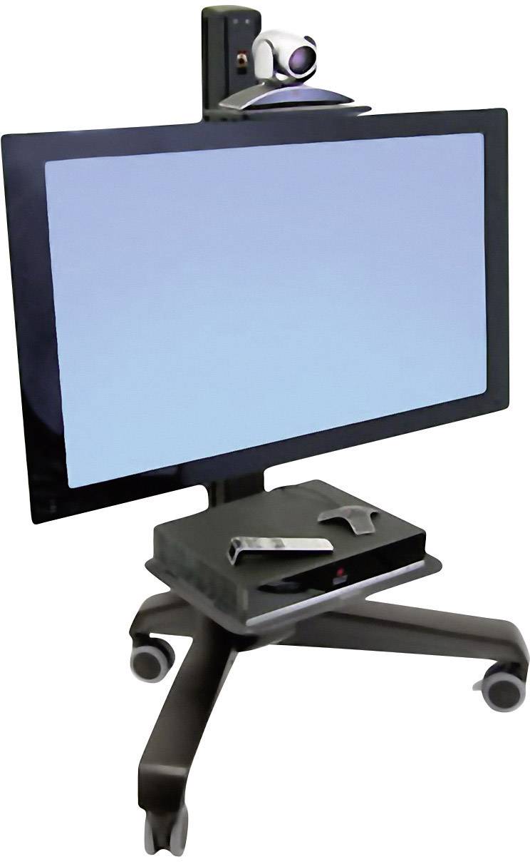 Een videoconferentiesysteem op een rolwagen met een scherm, camera en afstandsbediening. Ideaal voor mobiele vergaderingen.