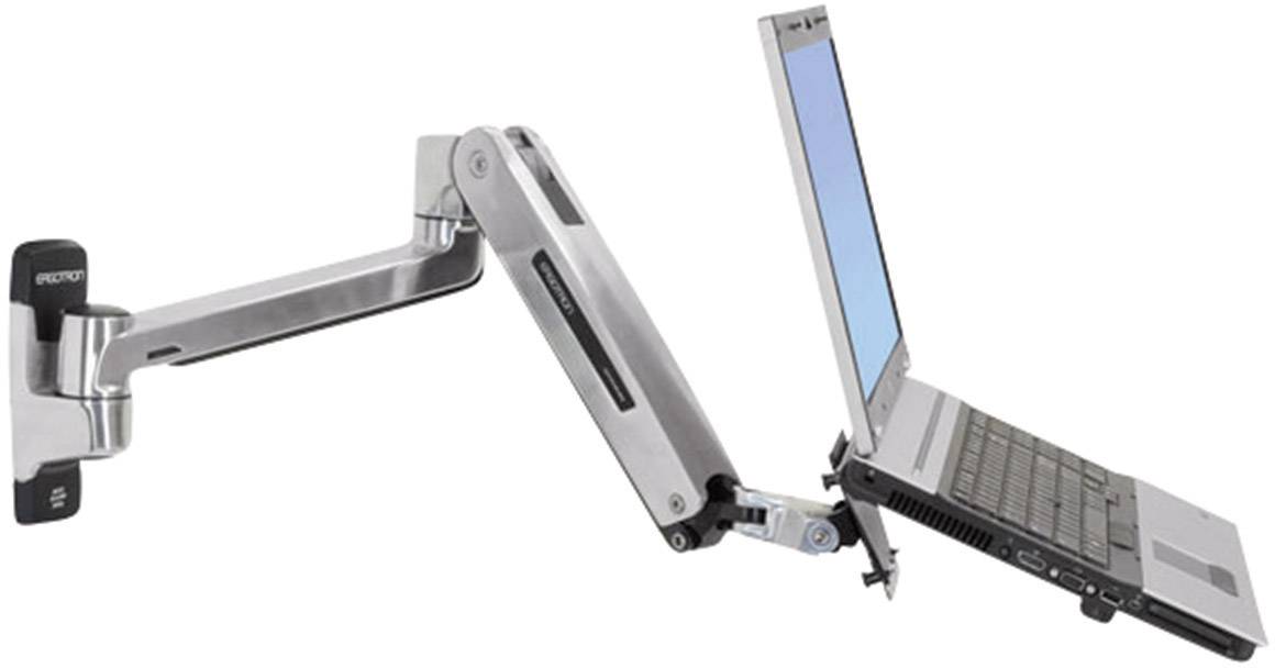 Een laptop is gemonteerd op een verstelbare, metalen zwenkarm. De arm maakt flexibele positionering mogelijk voor ergonomisch werken.