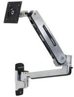 Monitorarm in zilverkleurige afwerking, verstelbaar voor flexibele positionering, geschikt voor wandmontage van beeldschermen.