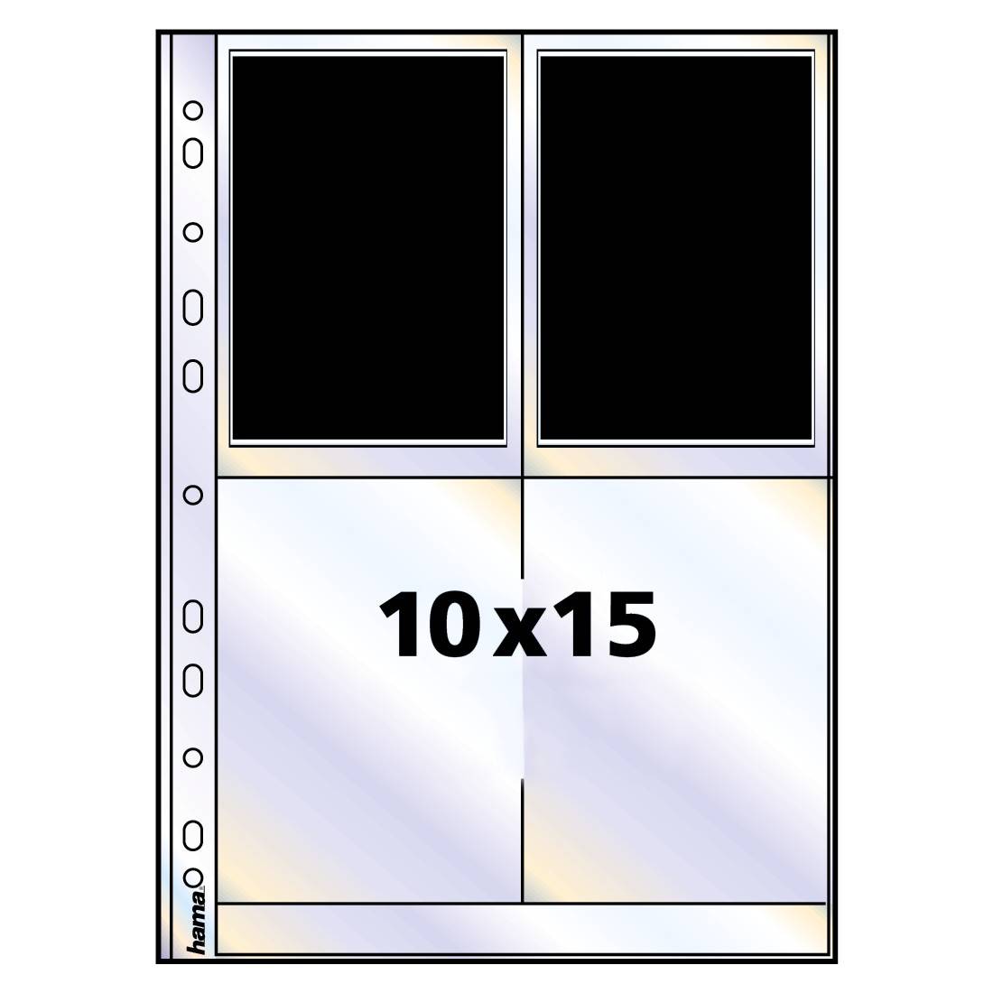 Transparante kunststof omslag met gaatjes om in te steken, bevat twee vakken voor foto's in het formaat 10x15 cm.