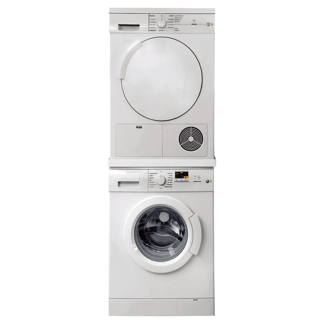 Een witte was-droogcombinatie met bedieningselementen bovenaan. Boven de droger, onder de wasmachine. Geschikt voor kleine ruimtes.