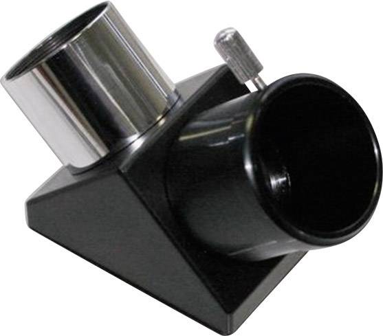 Een spiegelprisma, zwart en zilver, schuin omhoog gericht, wordt gebruikt in optische instrumenten zoals telescopen.