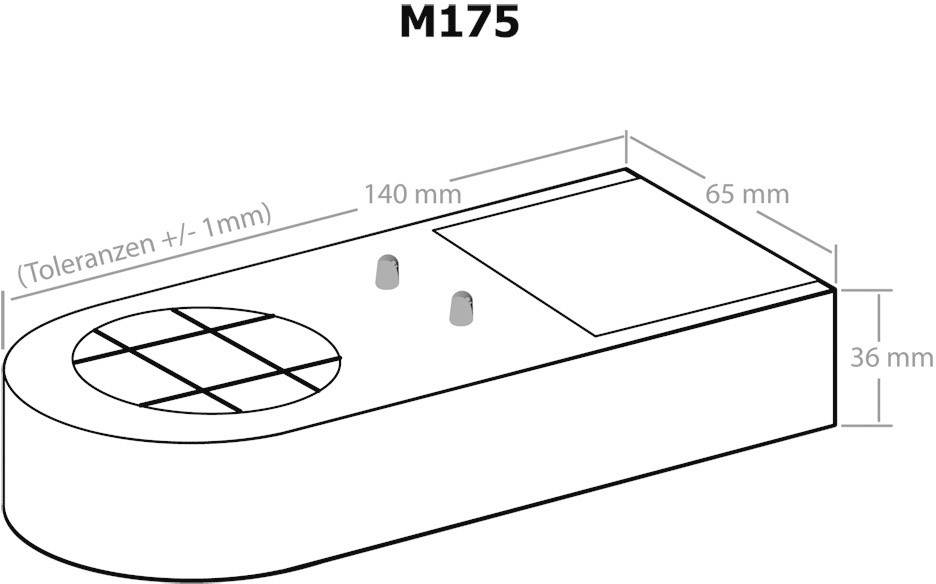 Voorbeeld van een rechthoekige component met afgeronde hoek. Afmetingen: 140 mm lengte, 65 mm breedte, 36 mm hoogte, tolerantie +/- 1 mm.