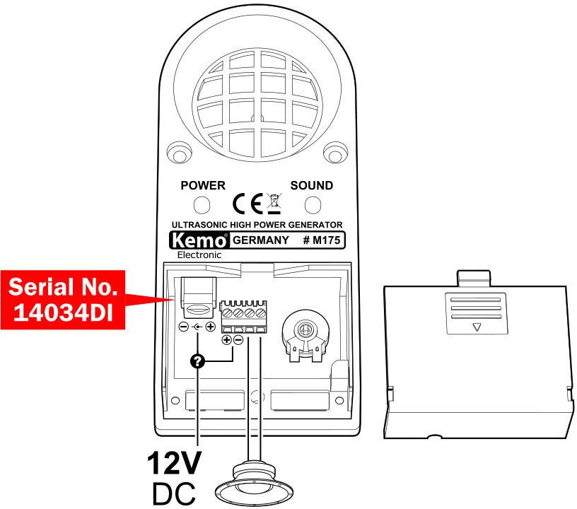Ultrasoon apparaat van Kemo, model M175, met CE-markering. Aansluitingen voor 12V DC en luidspreker. Serienummer: 14034DI.