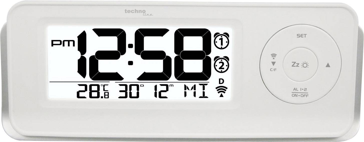 Een digitale wekker toont de tijd 12:58 's middags, met datum, wektijden en temperatuur. Rechts zijn instellingen en alarmsymbolen zichtbaar.