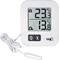 Digitale thermometer met twee displays: bovenste geeft 23,3°C weer voor binnentemperatuur, onderste geeft 13,6°C weer voor buitensensor; bedieningsknoppen onderaan.