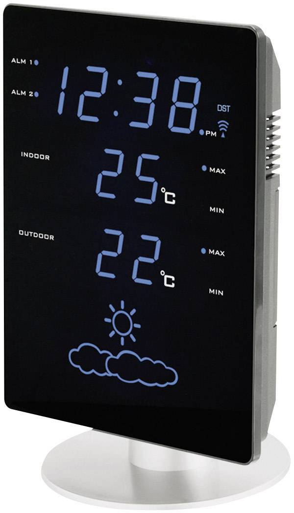 Digitale tafelwekker met blauwe LED-display toont de tijd 12:38, binnentemperatuur 25°C en buitentemperatuur 22°C.