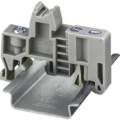 Klem op DIN-rail: Een grijze elektrische railklem met schroefaansluitingen voor een veilige verbinding van elektrische geleiders.