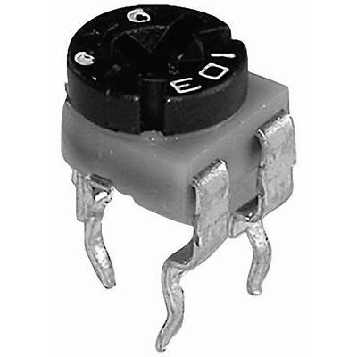 Een zwarte, draaibare potentiometer met metalen poten op een grijze achtergrond. De bovenkant vertoont letters en een pijl voor kalibratie.