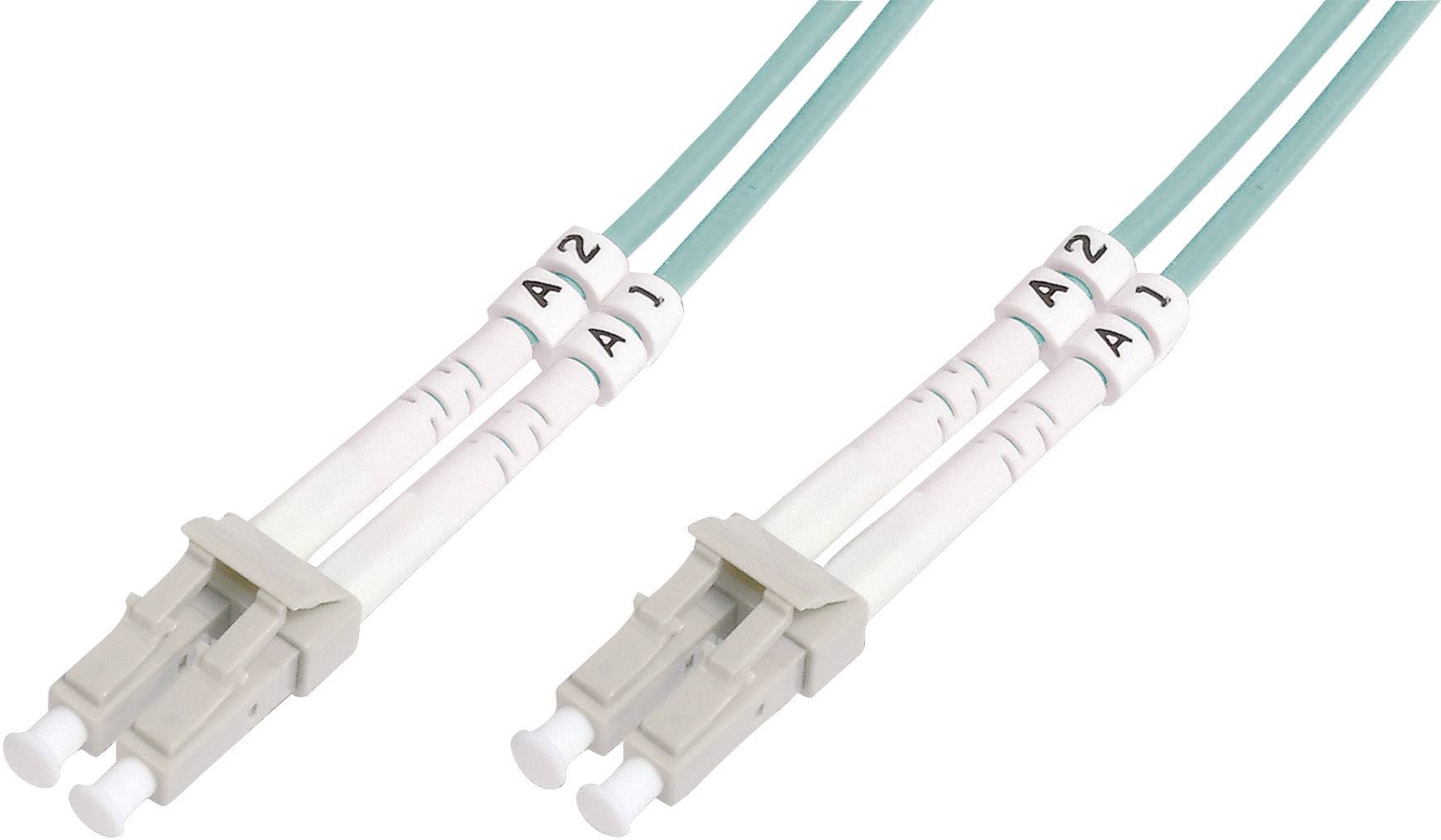 Twee LC-LC-glasvezelconnectoren met turquoise kabel die gegevensoverdracht mogelijk maken.