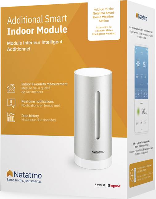 Extra module voor Netatmo Weerstation. Meet luchtkwaliteit, temperatuur, luchtvochtigheid en gegevensgeschiedenis. Zilveren cilinder.