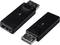 Twee zwarte adapters, een met een HDMI-aansluiting en de andere met een DisplayPort-aansluiting. Ze zijn naast elkaar geplaatst.