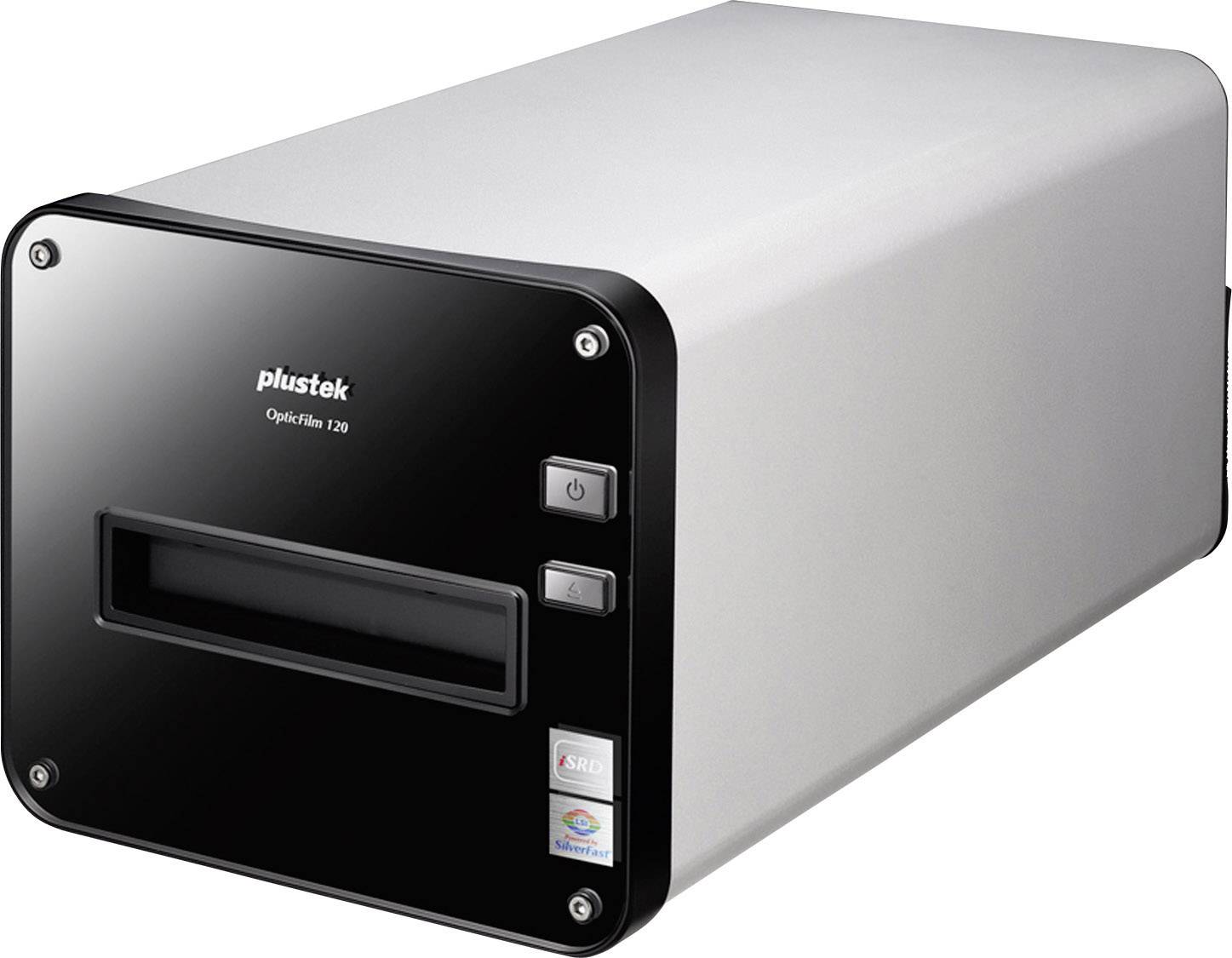 Een zilveren film-scanner met een zwarte voorkant, knoppen aan de zijkant en een opening voor films. Fabrikantslogo 'plustek OpticFilm 120'.