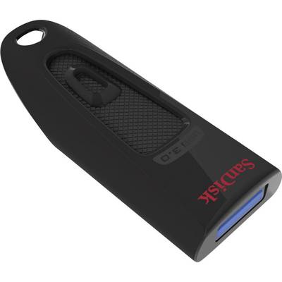 Zwarte USB-stick van het merk SanDisk met een blauwe aansluiting en gedrukt logo.