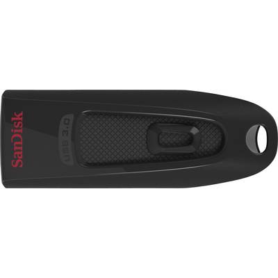 Zwarte USB-stick met schuifmechanisme en rood 'SanDisk'-logo aan de linkerkant.