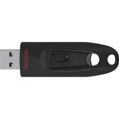 Zwarte USB-stick van het merk SanDisk met USB 3.0-aansluiting, opvallend merkteken in het rood aan de bovenzijde.