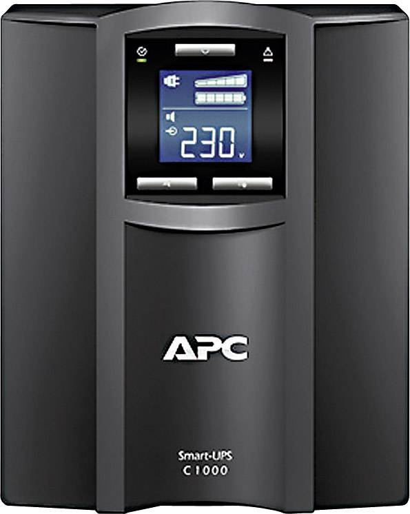 Zwarte APC Smart-UPS C1000-apparaat met digitaal display, toont 230V, verschillende statussymbolen zijn zichtbaar.