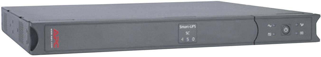 Een grijze rack-mountable UPS van APC, model Smart-UPS 450, met bedieningspaneel en logo links.