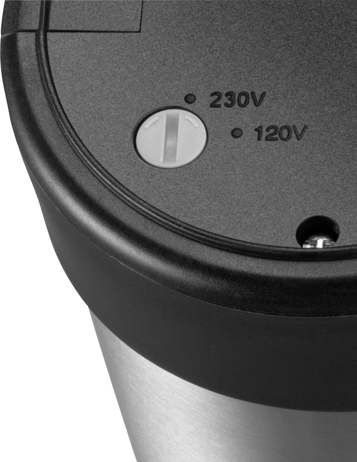 Zwart-zilveren apparaatschakelaar toont opties voor '230V' en '120V', met de draaiknop ingesteld op '230V'.