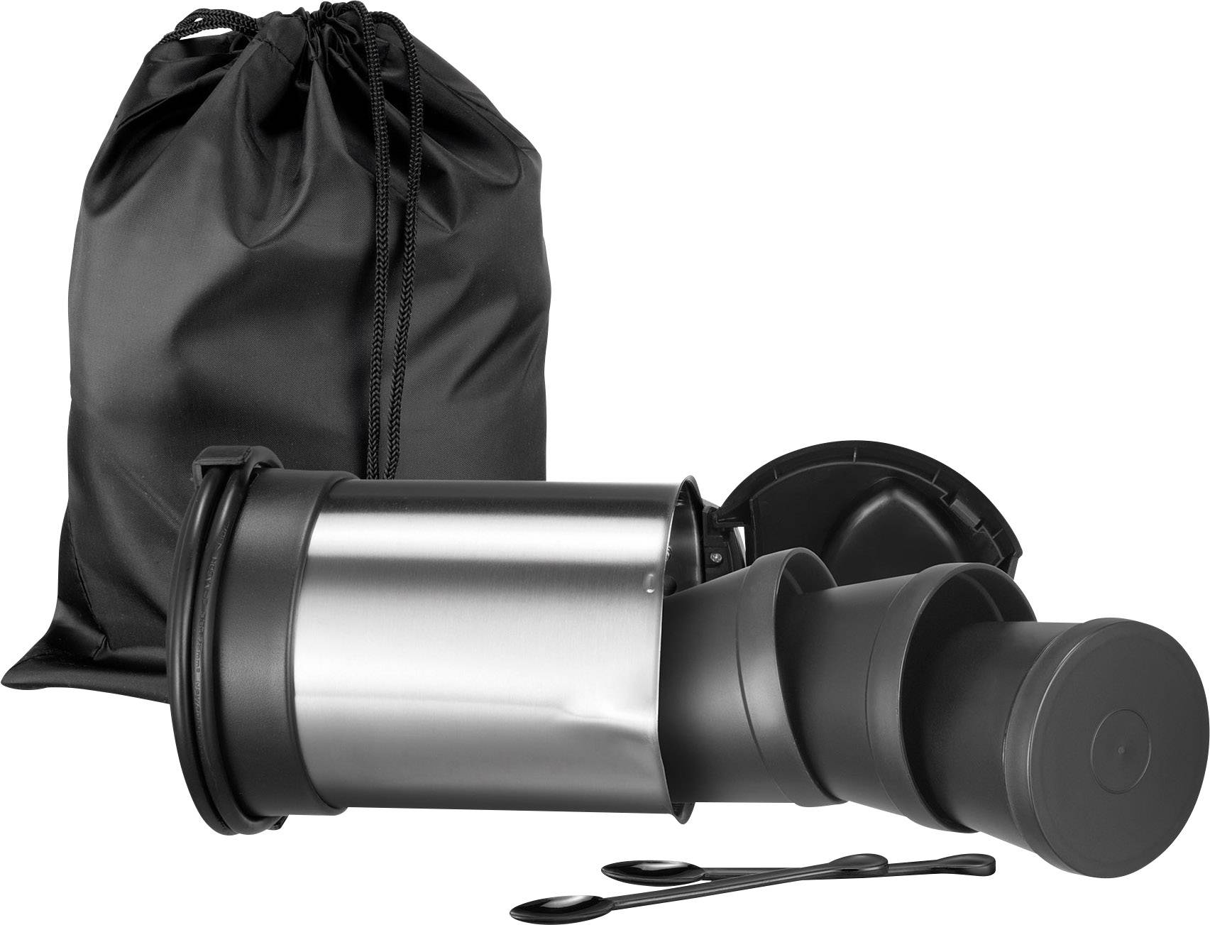 Een draagbare koffiemachineset met een zwarte tas, bestaande uit een roestvrijstalen container, verwijderbare onderdelen en twee lepels.