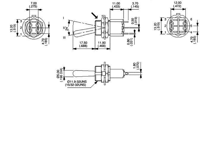 Technische tekening van een onderdeel met verschillende aanzichten en afmetingen in inches en millimeters, inclusief bovenaanzicht en doorsnede.