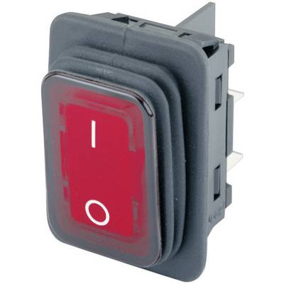 Een rechthoekige wip-schakelaar met rood licht dat brandt voor Aan (I) en Uit (O). Hij is rechthoekig en bedoeld voor elektrische apparaten.