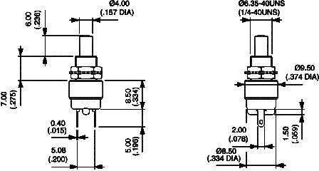 Technische tekening van twee elektronische stekkers met maatvoering in inches. Toont verschillende diameters en aansluitposities.