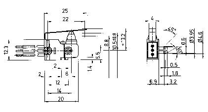Technische tekening van een schakelaar met afmetingen in millimeters; toont verschillende aanzichten, inclusief hoogte, breedte en diepte.