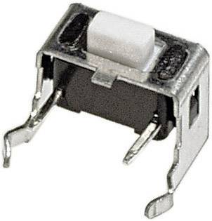 Een rechthoekige microschakelaar met twee gebogen metalen benen, die wordt gebruikt in elektronische apparaten voor het aansturen van functies.
