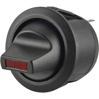 Ronde zwarte tuimelschakelaar met rode indicatorlamp aan de bovenkant, geschikt voor elektrische apparaten en verlichting.