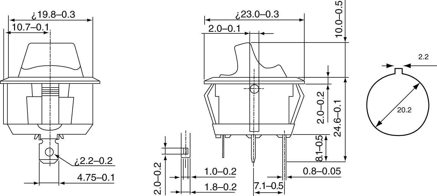 Technische tekening van een schakelaar met meerdere aanzichten en afmetingen in millimeters. Bevat vooraanzicht, zijaanzicht en bovenaanzicht.